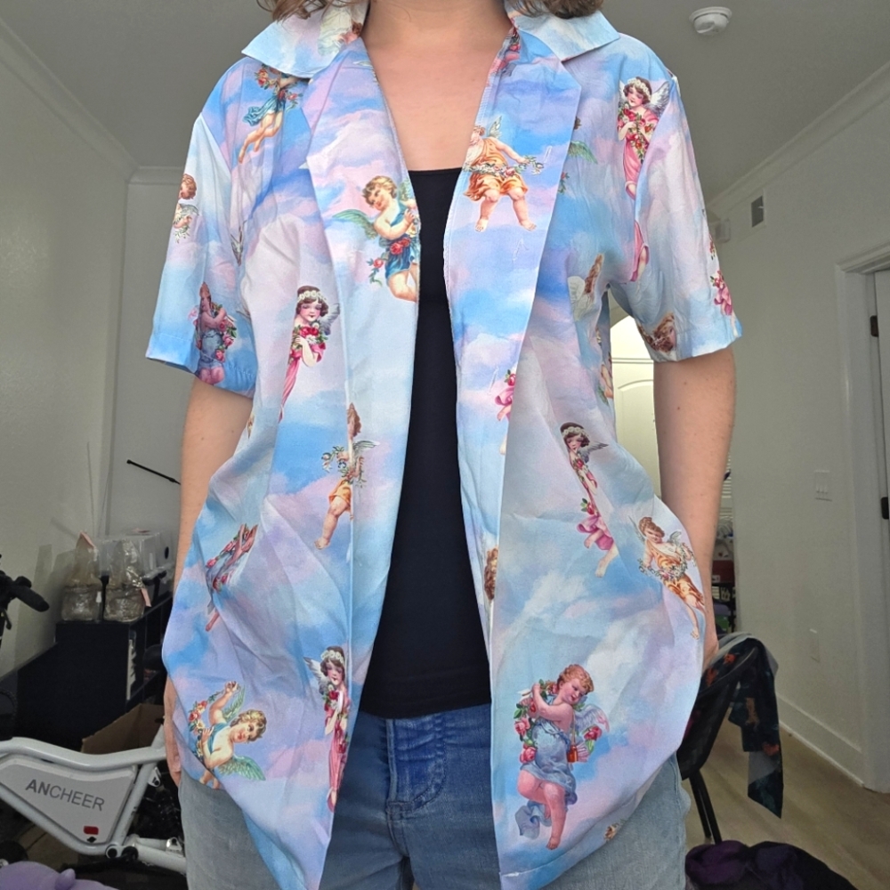 Angel Print Short Sleeve Button Down